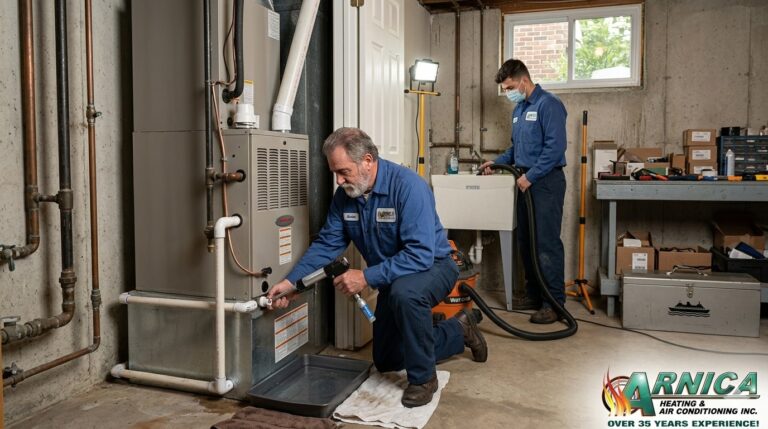 Cleaning a Blocked AC Condensate Drain Line as Part of Central Air Conditioning Repair in Staten Island