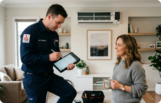 Technician customer discuss AC unit