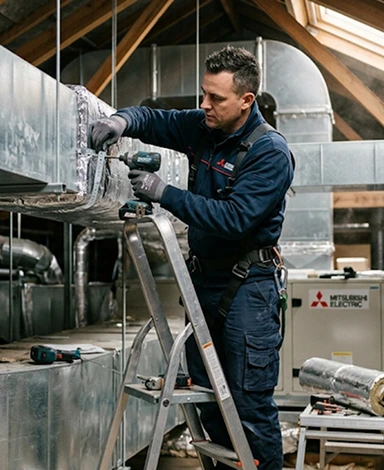 Technician installing HVAC ductwork