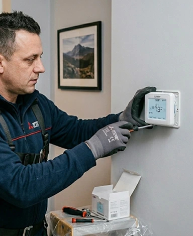 Technician installing smart thermostat
