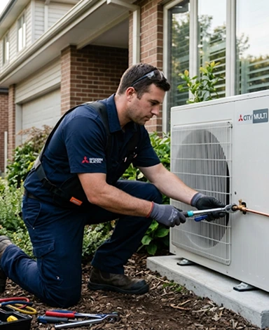 Technician repairing outdoor AC unit