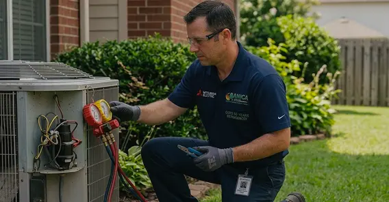 Technician servicing outdoor AC unit