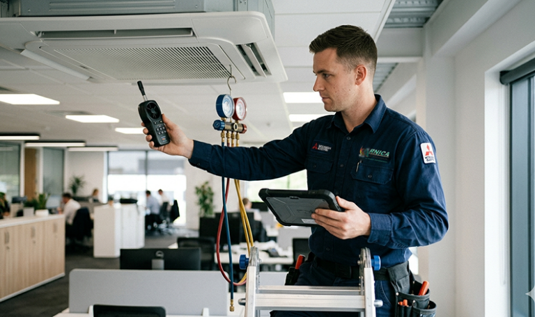 Technician working on AC unit